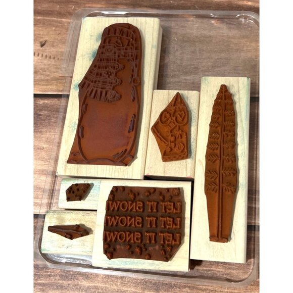 HTF VINTAGE Stampin Up! Let It Snow WOOD MOUNTED Rubber Stamp Set SNOWMAN TREE - Picture 4 of 5